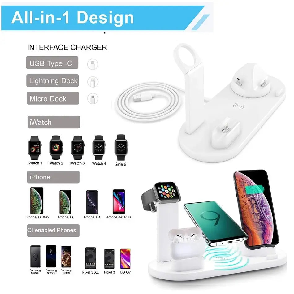 Cargador inalámbrico 5 en 1 para iPhone 14 13 12 11X8 Apple Watch Airpods cargadores de teléfono de escritorio estación de carga rápida