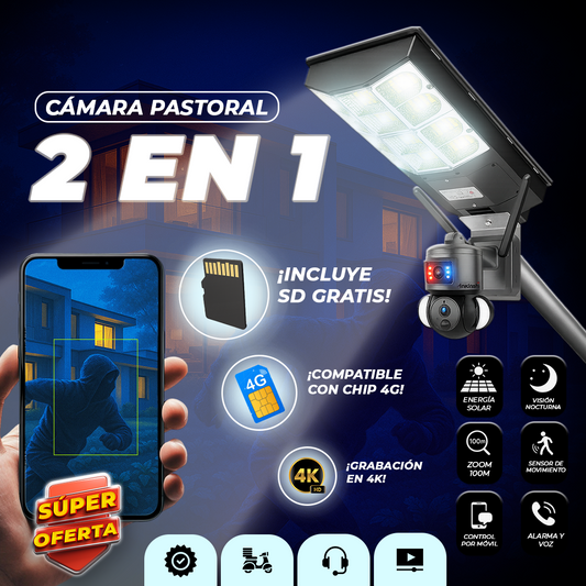CAMARA 2 EN 1 CON PASTORAL SOLAR INTELIGENTE 4K CON CHIP