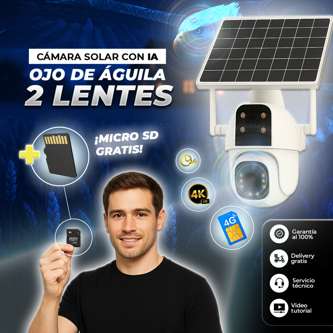 CÁMARA SOLAR CON CHIP "OJO DE ÁGUILA" CON INTELIGENCIA ARTIFICIAL DE 2 LENTES